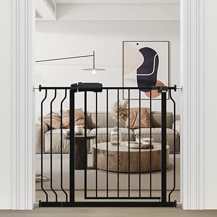 WAOWAO Baby Gate 33.86-38.58inch Extra Wide Pressure Mounted 34 35 36 37 38 Inches Walk Through Swing Auto Close Safety Black Metal Toddler Kids Child Dog Pet Puppy Cat for Stairs, Doorways, Kitchen