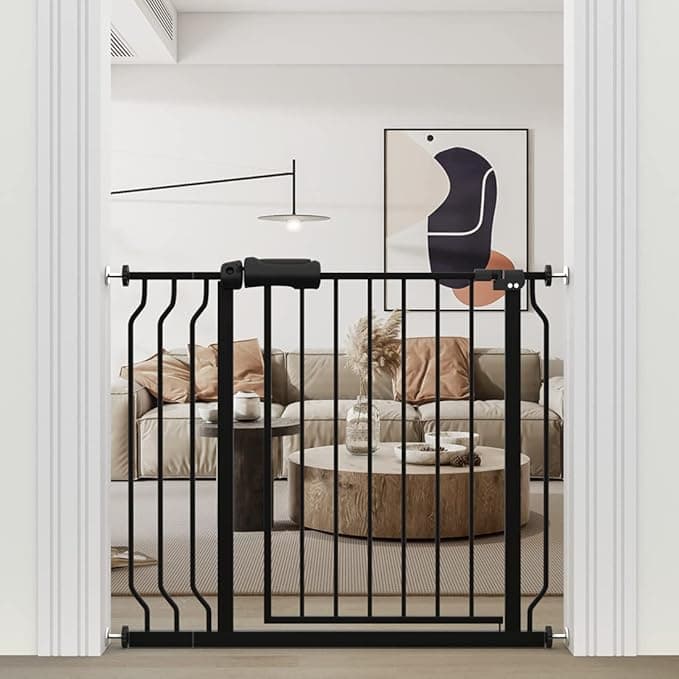 WAOWAO Baby Gate 33.86-38.58inch Extra Wide Pressure Mounted 34 35 36 37 38 Inches Walk Through Swing Auto Close Safety Black Metal Toddler Kids Child Dog Pet Puppy Cat for Stairs, Doorways, Kitchen