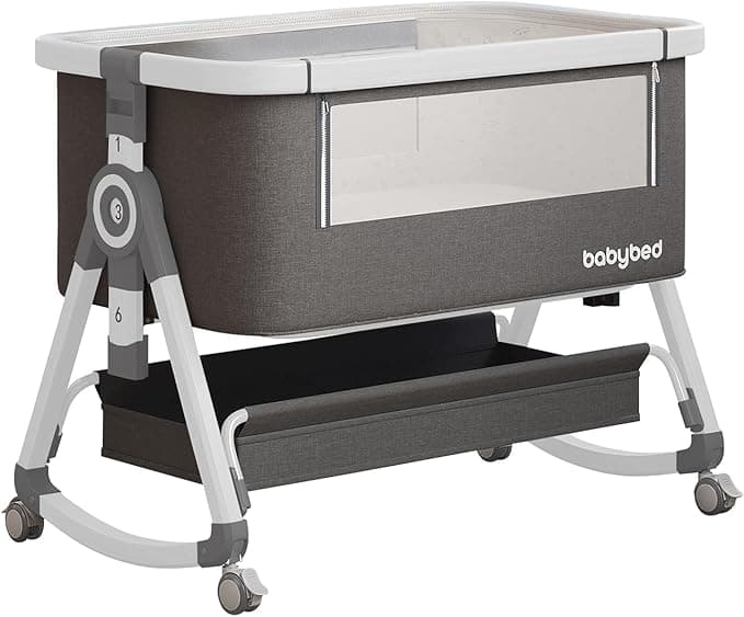 3 in 1 Bedside Bassinet, Portable Baby Crib with 6 Adjustable Heights, Breathable Mesh Newborn Sleeper with Wheels & Storage Basket, Grey