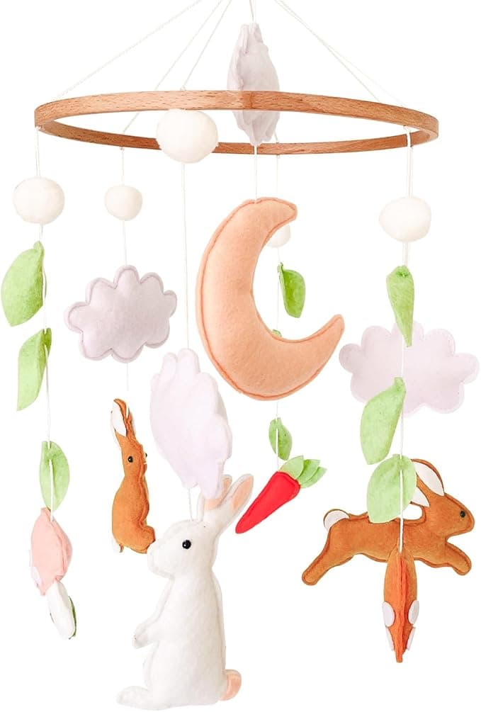 Baby Crib Mobile for Girls Boys, Woodland Baby Mobile for Crib, Bunny Nursery Mobile for Bassinet, Pack and Play, Rabbit Nursery Decor, Moon Cloud Mushroom
