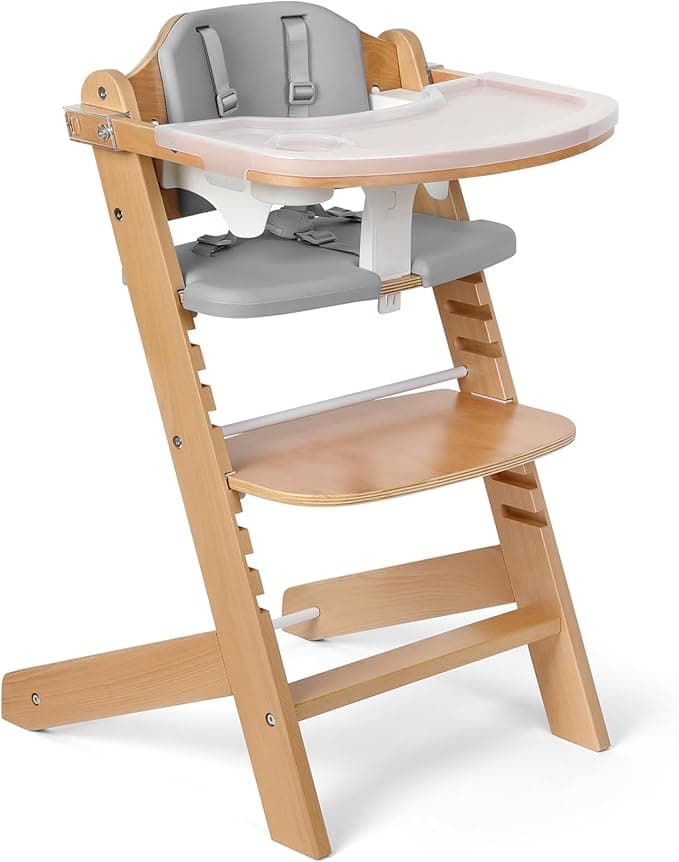 Cowiewie Wooden High Chair for Babies & Toddlers 3-Tier Remove & Adjustable Wood Tray, Easy to Clean, Portable. Grey
