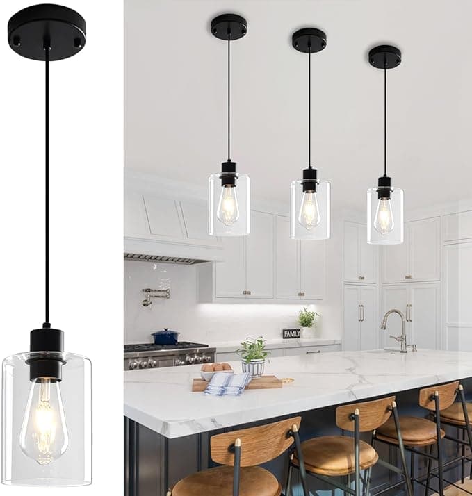 Black Pendant Lights Kitchen Island 3 Pack,Pendant Lighting Over Island Kitchen Hanging Light Fixtures Modern Glass Pendant Lights for Hallway Entryway Bedroom Dining Room