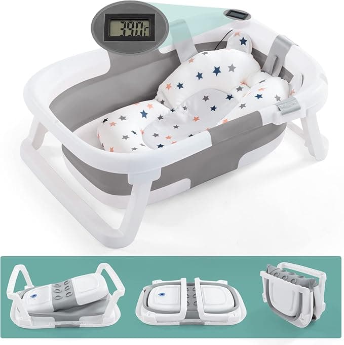 Baby BathTub, 4-in-1 Newborn to Toddler Tub with Temperature Sensor,Infant Waterproof Ear Cap and Soft Cushion included,Grey