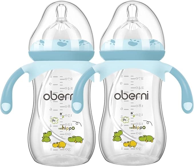 Oberni Anti-Colic Baby Bottle with Level 4 Fast Slow Nipple and Non-Slip Handles, 9oz / 270 mL, 12 Months+, Blue/2Pack
