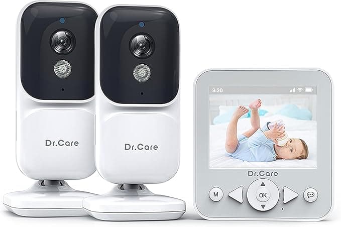 Dr. Care NeoView Video Baby Monitor with 2 Cameras - 2.8” Screen, 2-Way Audio, Video Loop Recording, Night Vision, Real-Time/VOX Monitoring, Temp Sensor, Lullabies, Belt Clip Design