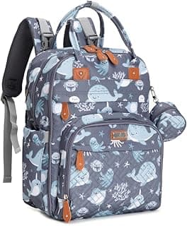 BabbleRoo Diaper Bag Backpack - Baby Essentials Travel Tote - Multi function Waterproof Diaper Bag, Travel Essentials Baby Bag with Changing Pad, Stroller Straps & Pacifier Case - Unisex, Sea Animals