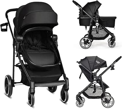 INFANS 2 in 1 Baby Stroller, High Landscape Infant Stroller & Reversible Bassinet Pram, Foldable Pushchair with Adjustable Canopy, Cup Holder, Storage Basket, Suspension Wheels (Black)