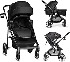 INFANS 2 in 1 Baby Stroller, High Landscape Infant Stroller & Reversible Bassinet Pram, Foldable Pushchair with Adjustable Canopy, Cup Holder, Storage Basket, Suspension Wheels (Black)