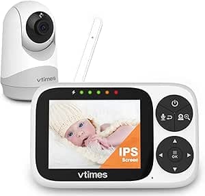 VTimes Video Baby Monitor with 1 Camera, 3.2" IPS Screen Baby Camera Monitor No WiFi Night Vision VOX Mode Pan-Tilt-Zoom Temperature Display 2 Way Audio Lullaby Feeding Alarm and 1000ft Range