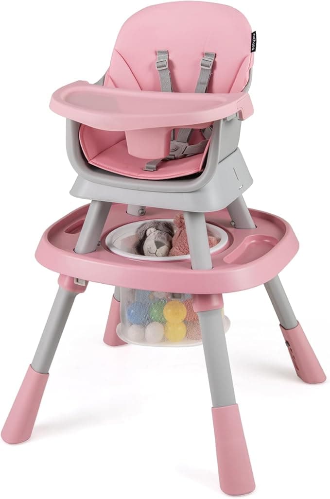 KOTEK 16 in 1 Convertible High Chair, Baby Highchair & Activity Center with Toys, Booster Seat, Building Block Table, Toddler Chair with 5-Point Harness, Removable Tray & Cushion (Pink)