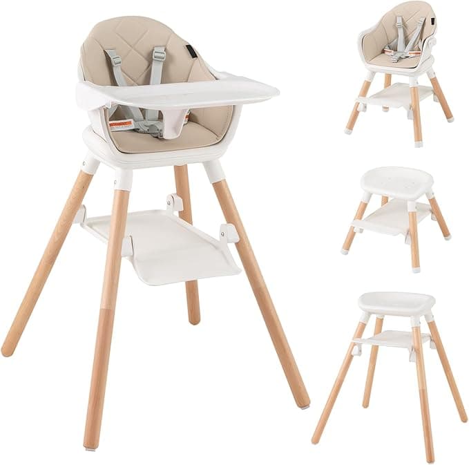 HONEY JOY Baby High Chair, 6 In 1 Convertible Wooden Highchair for Babies and Toddlers/Toddler Chair/Bar Stool, Removable Double Tray & Reversible Footrest, Safety Harness for Infant Boys Girls