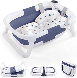 Baby BathTub, 4-in-1 Newborn to Toddler Tub with Temperature Sensor,Infant Waterproof Ear Cap and Soft Cushion included,Blue