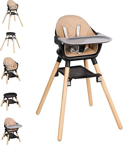 Baby High Chair, 6 in 1 Wooden Convertible High Chairs for Babies and Toddlers, Booster Seat with Double Tray & Reversible Footrest Baby Highchair, 5-Point Harness Baby Feeding Chair, Black