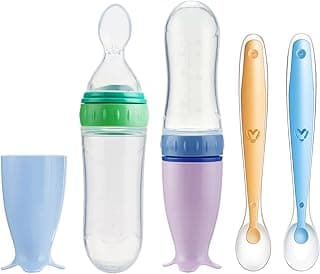 PandaEar 2 Pack Baby Food Spoon Dispenser + 2 Silicone Baby Spoons| Baby Spoon Bottle Feeder| 4 oz Squeeze Spoon Feeder for Baby Food| Travel Friendly Kids Toddlers Boys Girl