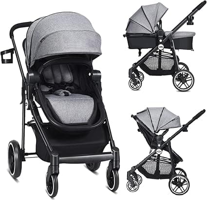 INFANS 2 in 1 Baby Stroller, High Landscape Infant Stroller & Reversible Bassinet Pram, Foldable Pushchair with Adjustable Canopy, Cup Holder, Storage Basket, Suspension Wheels (Volcanic Ash)