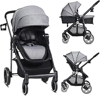 INFANS 2 in 1 Baby Stroller, High Landscape Infant Stroller & Reversible Bassinet Pram, Foldable Pushchair with Adjustable Canopy, Cup Holder, Storage Basket, Suspension Wheels (Volcanic Ash)