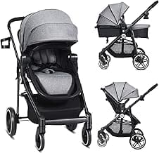 INFANS 2 in 1 Baby Stroller, High Landscape Infant Stroller & Reversible Bassinet Pram, Foldable Pushchair with Adjustable Canopy, Cup Holder, Storage Basket, Suspension Wheels (Volcanic Ash)