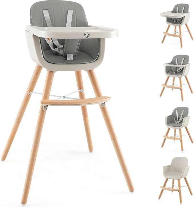 BABY JOY Convertible Baby High Chair, 3 in 1 Wooden Highchair/Booster/Chair with Removable Tray, Adjustable Legs, 5-Point Harness, PU Cushion and Footrest for Baby, Infants, Toddlers (Gray)