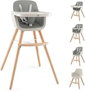 BABY JOY Convertible Baby High Chair, 3 in 1 Wooden Highchair/Booster/Chair with Removable Tray, Adjustable Legs, 5-Point Harness, PU Cushion and Footrest for Baby, Infants, Toddlers (Gray)