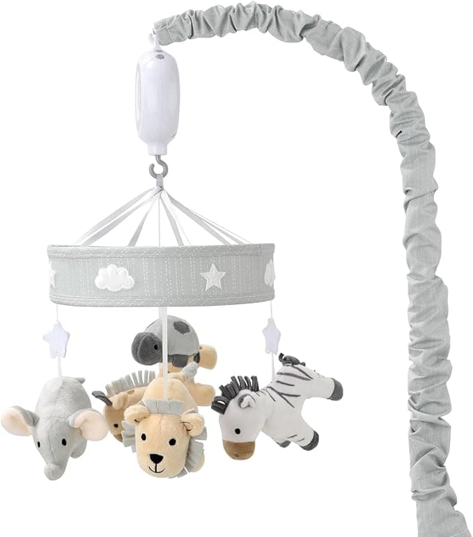 The Peanutshell Crib Mobile for Boys or Girls - Grey Musical Baby Crib Mobile with 12 Lullabies, Lion, Elephant, Zebra, Safari Plush Toys Hanging, Infant Baby Mobile Crib, Safari Nursery Decor