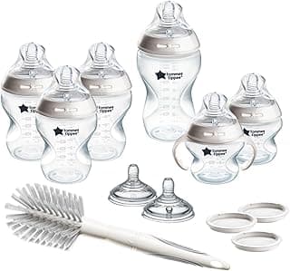 Tommee Tippee Natural Start 12 Piece BPA Free Bottle Set, Includes 2 x 5oz, 3 x 9oz, 1 x 11oz bottles, Newborn 0+ months, Slow, Medium & Thicker Flow Breast-Like Nipples, Cleaning Brush, Clear