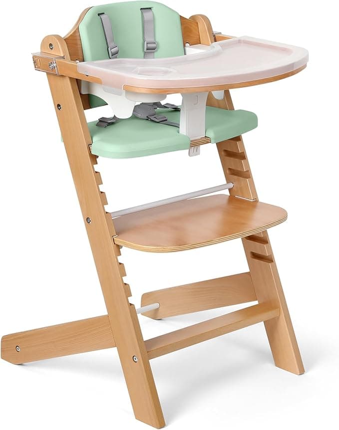 Cowiewie Natural Wooden High Chair for Babies & Toddlers 3-Tier Remove Adjustable Tray and Highchair with Cushions, Easy to Clean, Portable(Green)