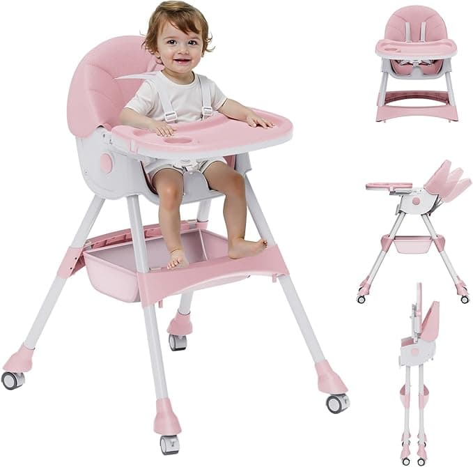 High Chairs for Babies And Toddlers, 4 in 1 Convertible Baby High Chair, Portable High Chair for Travel with Adjustable Height, Foldable HighChair With Wheels& Pu Cushion