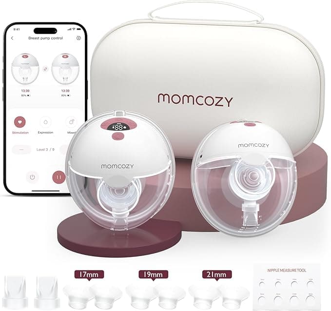 Momcozy M5 Smart App Control Hands Free Breast Pump, Double Wearable Breast Pump of Baby Mouth Double-Sealed Flange with 3 Modes & 9 Levels, Electric Pump Portable - 24mm, 2 Pack, Cozy Red