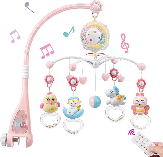 BOBXIN Baby Musical Crib Mobile for Bassinet with Projector and Night Light,150 Music,Timing Function,Take Along Mobile Music Box and Rattle,Toy for Newborn Girls Boys 0-12 Months