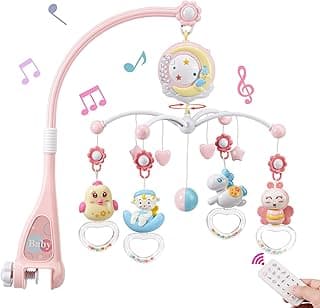 BOBXIN Baby Musical Crib Mobile for Bassinet with Projector and Night Light,150 Music,Timing Function,Take Along Mobile Music Box and Rattle,Toy for Newborn Girls Boys 0-12 Months