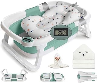 Collapsible Baby Bathtub for Infants to Toddler, Portable Travel Bathtub Multifunctional Bathtub with Drain Hole, Baby Folding Bathtub for Newborn 0-36 Month (Blue-Green+Floating Baby Bath Cushion)