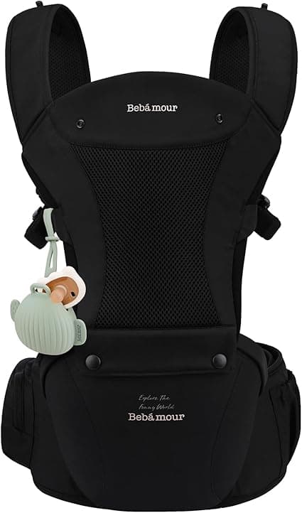 Bebamour Baby Carrier Newborn to Toddler Baby Carrier Hipseat 0-36Months with Head Hood, 3 PCS Teething Pads, Waist Extender, Black