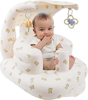 EKEPE Inflatable Baby Chair with Canopy and Sensory Ornament, Inflatable Baby Seat for Babies 3 Months & Up Sitting Up, Blow Up Infant Floor Seat with Built in Air Pump - Bear