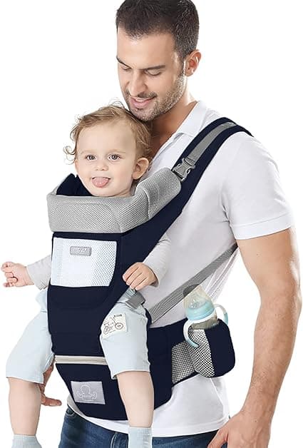 Baby Carrier Ergonomic Infant Carrier with Hip Seat Kangaroo Bag Soft Baby Carrier Newborn to Toddler 7-45lbs Front and Back Baby Holder Carrier for Men Dad Mom (Blue)