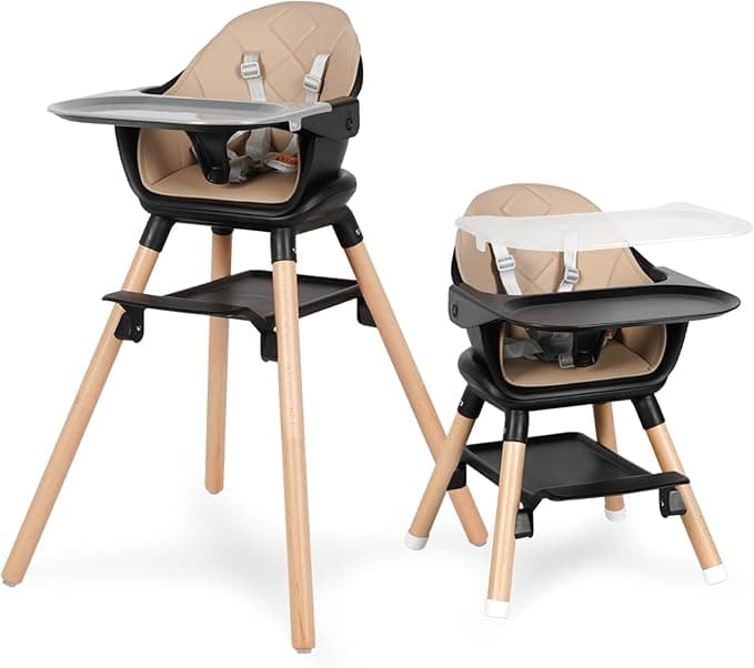 Baby High Chair, 6 in 1 Convertible Wooden High Chairs for Babies and Toddlers, Baby HighChair with Removable Double Tray & Adjustable Footrest