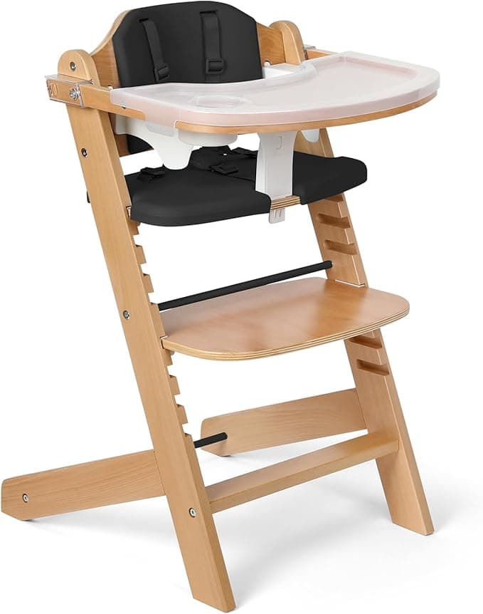 Cowiewie Natural Wooden High Chair for Babies & Toddlers 3-Tier Remove & 2 Adjustable Tray, 8 Adjustable Highchair with Cushions, Easy to Clean (Black)