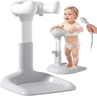 Upgraded Baby Shower Stand with Anti-Pinch Silicone & Anti-Slip Base, Adjustable Height Baby Bath Standing Support, Soporte para Bañera de Bebé Assist Holder for 6-36 Months Toddler, Ideal Gift, Gray