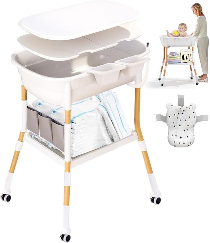 SENSUVA 2-in-1 Baby bath with Changing Table, Adjustable Height(86/89/92cm), Auto-Drain System, 360° Lockable Wheels, Spacious Storage Tray, Soft Comfort Pad & Bath Mat