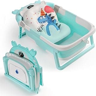 Baby Bathtub for Infant to Toddler,Collapsible Baby Bath Tub with Soft Cushion & Thermometer,Space Saving Foldable & Travel Newborn Bathtub 0-36 Months (Green, Crab)
