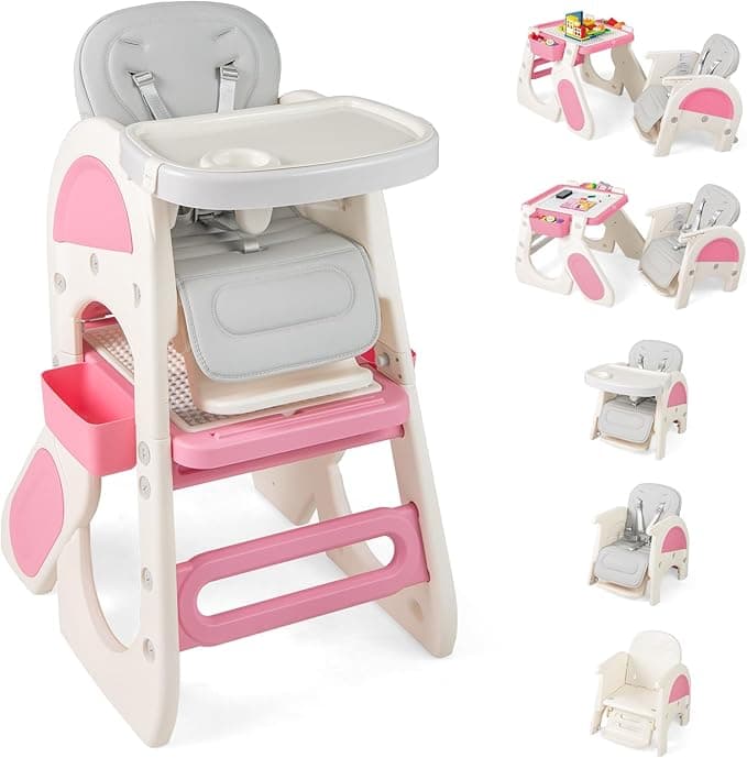 HONEY JOY 8 In 1 Baby High Chair, Convertible Highchair for Babies and Toddlers, Art Table/Building Block Table & Stool, Safety Harness, Removable Cushion & Food Tray, Infant Feeding Chair for Boys Girls (Pink)