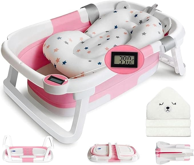 Collapsible Baby Bathtub for Infants to Toddler, Portable Travel Bathtub Multifunctional Bathtub with Drain Hole, Baby Folding Bathtub for Newborn 0-36 Month (Dark Pink+Floating Baby Bath Cushion)