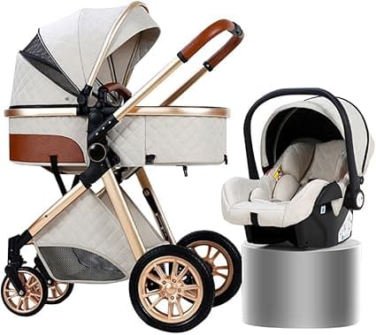 Pushchair and Stroller for Toddler 3 In 1 Travel Baby Stroller Includes Carrycot,Reversible Bassinet Pram,with Accessories, Mom Bag, Footmuff (Color : WHITE)