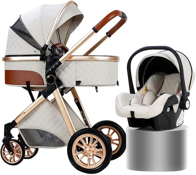 Pushchair and Stroller for Toddler 3 In 1 Travel Baby Stroller Includes Carrycot,Reversible Bassinet Pram,with Accessories, Mom Bag, Footmuff (Color : WHITE)