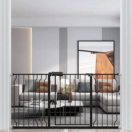 WAOWAO Baby Gate 57.48-62.60inch Extra Wide Pressure Mounted 58 59 60 61 62 Inches Walk Through Swing Auto Close Safety Black Metal Toddler Kids Child Dog Pet Puppy Cat for Stairs, Doorways, Kitchen