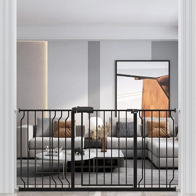 WAOWAO Baby Gate 57.48-62.60inch Extra Wide Pressure Mounted 58 59 60 61 62 Inches Walk Through Swing Auto Close Safety Black Metal Toddler Kids Child Dog Pet Puppy Cat for Stairs, Doorways, Kitchen
