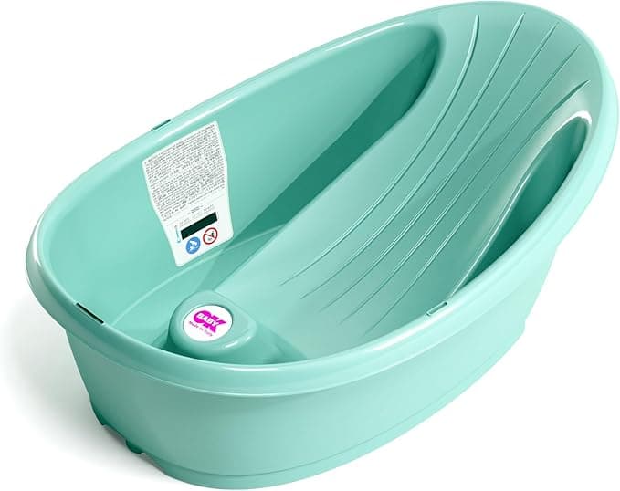 OKBABY Splash Baby Bath - Anti-Slip Base with Built-In Microencapsulated Liquid Crystal Digital Thermometer - Angled Back Support for Added Comfort - Fits Inside Bath or Walk-In Shower, Turquoise
