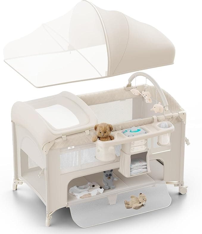 Obee Odee 4 in 1 Baby Bassinet, Pack and Play, Bedside Crib Sleeper, Diaper Changer - Comes with Mattress, Mosquito Net，Bottom Storage and Toy Bar for Newborn to Toddles (Off-white)