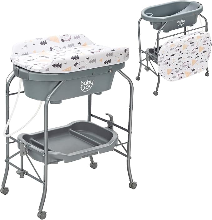 BABY JOY Baby Bathtub with Changing Table, Foldable Infant Diaper Changing Station with Storage Tray, Waterproof Pad, Portable Newborn Nursery Organizer Bath Stand with 4 Universal Wheels (Gray)