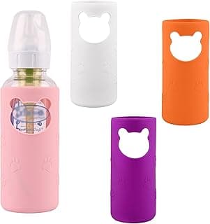 4 Pack Silicone Sleeves for Dr Brown's Glass Baby Bottles, Anti Breakage Baby Bottle Holder, Compatible Dr. Brown's Natural Narrow Glass Baby Bottles 8 oz, BPA Free (White+Pink+Purple+Orange)