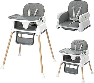 JOYMOR 5 in 1 Baby High Chair for Babies and Toddlers, Portable Highchair Fold Compact, ConvertibleBaby Feeding Chair Booster for Eating with Detachable Double Tray, 5 Point Harness (Grey&White)
